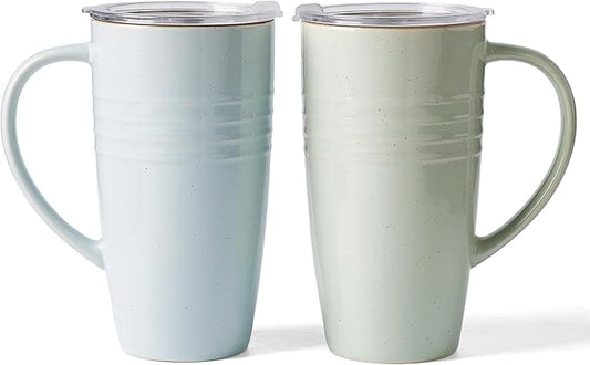 famiware Jupiter Large Coffee Mug, 20oz Coffee Mug with Lid, Ceramic Mugs Set of 2, Cup Set with Handle for Latte, Tea, Cocoa, Milk, Microwave and Dishwasher Safe, Light Blue and Light Green