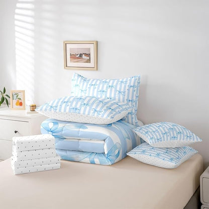 Erosebridal Bow Girls Cute White Blue Comforter Set Queen Size 7 Pieces | Bowknot Kawaii Bed in A Bag Stripe Bed Set Geometric Bedding