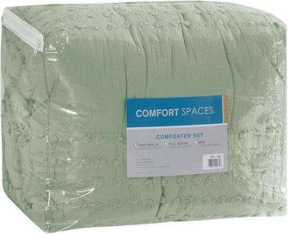 Comfort Spaces Queen Comforter Set Jacquard Pom-Pom Tufts Boho Comforter for Queen Size Bed, Microfiber Reverse, All Season & Lofty Queen Bedding Set & Sham, Phillips, Full/Queen, Sage Green 3 Piece