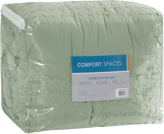 Comfort Spaces Twin Comforter Set Jacquard Pom-Pom Tufts Boho Comforter for Twin Size Bed, MIcrofiber Reverse, All Season & Lofty Twin Bedding Set & Sham, Phillips, Twin/Twin XL, Sage Green 2 Piece