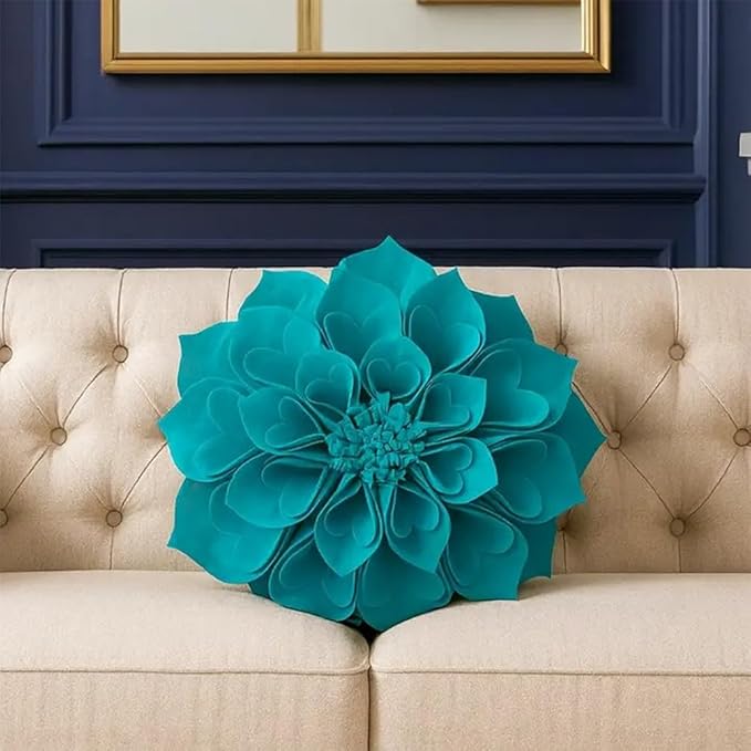 Fennco Styles Handmade 3D Heart-Shaped Petals Flower Decorative Filled Throw Pillow 13" Round - Teal Floral Pillow for Couch, Home Décor and Holiday, Housewarming Gift