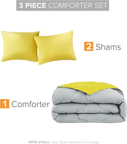 Comfort Spaces Vixie Reversible Comforter Set - Trendy Casual Geometric Quilted Cover, All Season Down Alternative Cozy Bedding, Matching Sham, Grey/Yellow, Full/Queen 3 piece