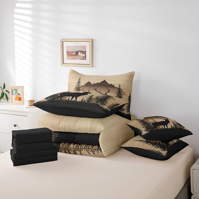 Erosebridal Woodland Cute Deer Bed in A Bag (King Size,7 Pieces) | Deer Hunting Comforter Set with Sheets Rustic Cabin Lodge Bedding Set for Kids Boys Girls Western Animal Silhouette Duvet Insert