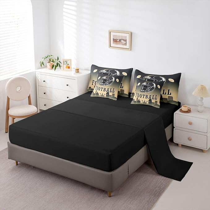 Erosebridal Football King Bed in A Bag for Boys Girls,American Rugby Sports Games Bedding Set 7 Pcs Football City Comforter Set with Sheets Black Beige Ombre Bed Set for Kids Teen Adults