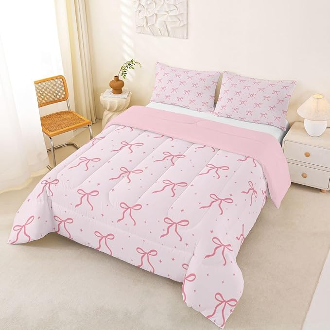 Erosebridal Pink Bow King Bedding Set for Girls Women Ribbon Bows Comforter Set Preppy Bows Comforter for Kids Adults Coquette Room Decor Girly Princess Pink Quilt Duvet