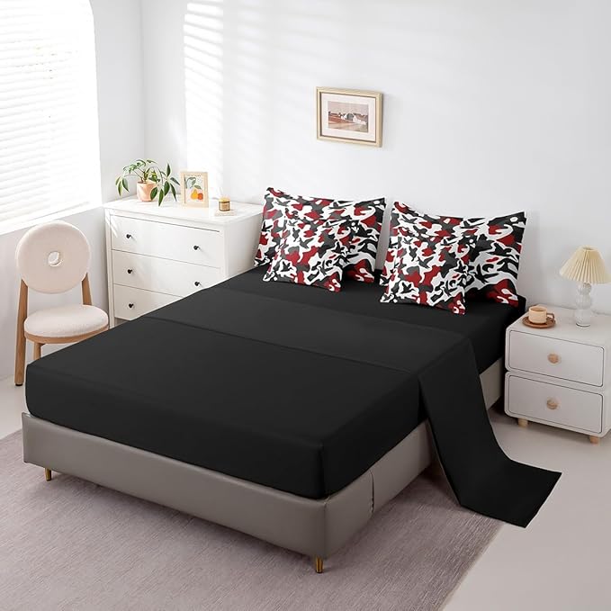 Erosebridal Hunting 7 Piece Full Size Camouflage Bedding for Kids Boys Men - Army Wild Duck Bed in a Bag Sheet Set - Vintage Red Black Room Decor - Wild Animal Duck Rustic Comforter Set
