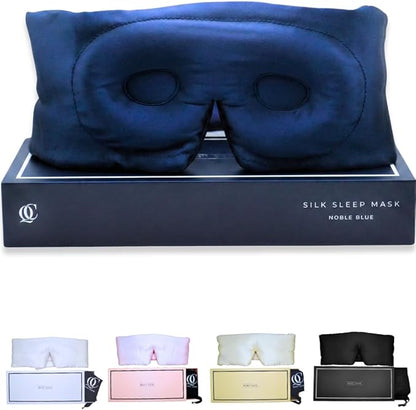3D Silk Sleep Mask in Gift Box, Sleep Longer in Total Darkness and Comfort. Total Blackout Liner Blocks Light, Lightweight, 100% Silk 22 Momme, Foam Countour Does Not Crush Eyelashes (Noble Blue)