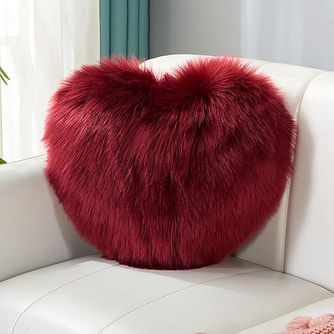HANDKEI Love Pillow, Heart-Shaped Long Plush, Pink Imitation Wool, Living Room Sofa, Cute Cushion, Bedside Cushion (Wine red, 13.77 inch X 17.71 inch)