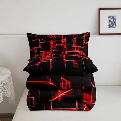 Erosebridal Fire Red and Black Kids Comforter Set Queen, Modern Geometric Square Bedding for Boys Girls Gradient Neon Light Honeycomb Duvet Set Soft Microfiber Quilt with 2 Pillowcases