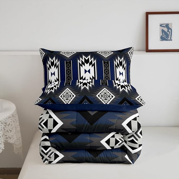 Feelyou Navy Blue Western Comforter Set Southwest Native Tribal Bedding Set Queen Size for Kids Boys Girls Teens Room Decor Boho Geometric West Comforter Soft Microfiber