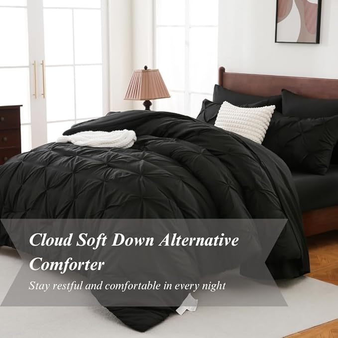 Sheet&Joy Queen Comforter Set, 7-Piece Bed in a Bag, Pintuck Bedding Sets for All Season, Includes Comforter, Flat Sheet, Fitted Sheet, Pillowcases and Pillowshams, Black