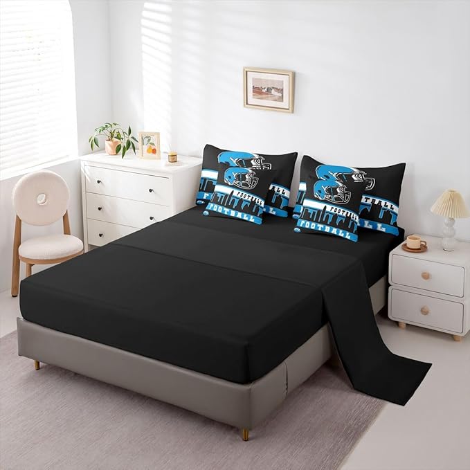 Erosebridal Football 7 Pcs Comforter Set King Football City Bedding for Teens Black Football Fans Sheet Set Bed in A Bag Rugby Game Bedroom Decor Sports Ball Competition Bed Set