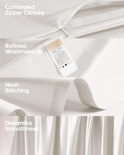 THXSILK Silk Sheet Set 4 Pcs, Queen Size Sheet Set, Soft Breathable Cooling Bed Sheets with 1 Flat Sheet, 1 Fitted Sheet, 2 Pillowcases with Zipper Closure, White