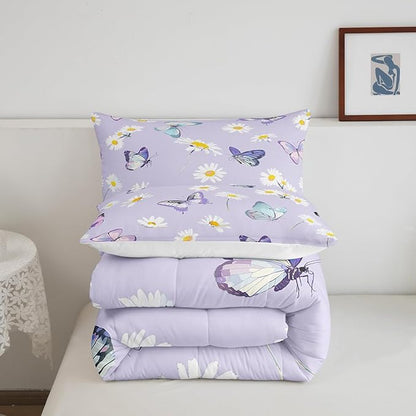 Manfei Purple Comforter Set King Size, Daisy Flower Butterfly Bedding Set 3pcs for Kids Boy Girls Room Decor, Botanical Garden Artwork Quilt Set Soft Polyester Duvet Set with 2 Pillowcases