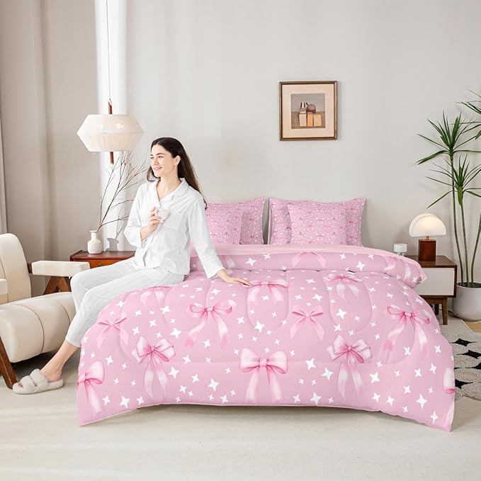 Erosebridal Pink White Starry Girly Bowknot King 7-Piece Comforter Set | Kawaii Bow Cute Dreamy Sheets and Pillowcases Princess Ribbon Bed in A Bag Women Kids Bed Sets