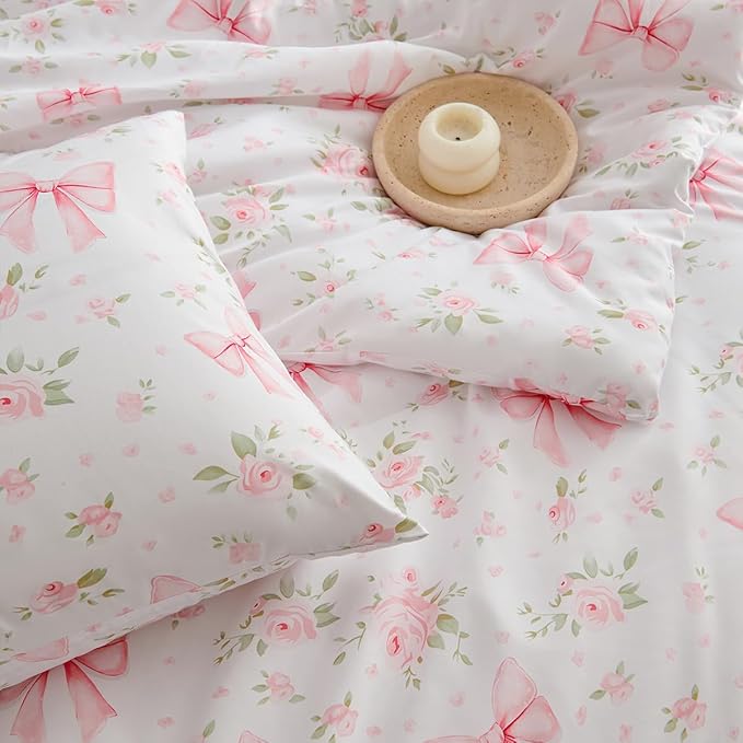Pink Bow Comforter Set Queen 3Pcs Pink Floral Bedding Set for Girls Kids Cute Romantic Princess Style Bowknot Bedding Ultra Soft Garden Flower Comforter Sets with 2 Pillowcases