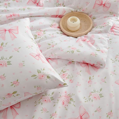 Pink Bow Comforter Set Full 3Pcs Pink Floral Bedding Set for Girls Kids Cute Romantic Princess Style Bowknot Bedding Ultra Soft Garden Flower Comforter Sets with 2 Pillowcases