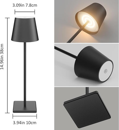 2 Pack Cordless LED Table Lamp Black, 5500mAh Battery Powered Table Light, 3 Color Temperatures Stepless Dimmable Rechargeable Table Lamps for Outdoor Restaurant Bedroom