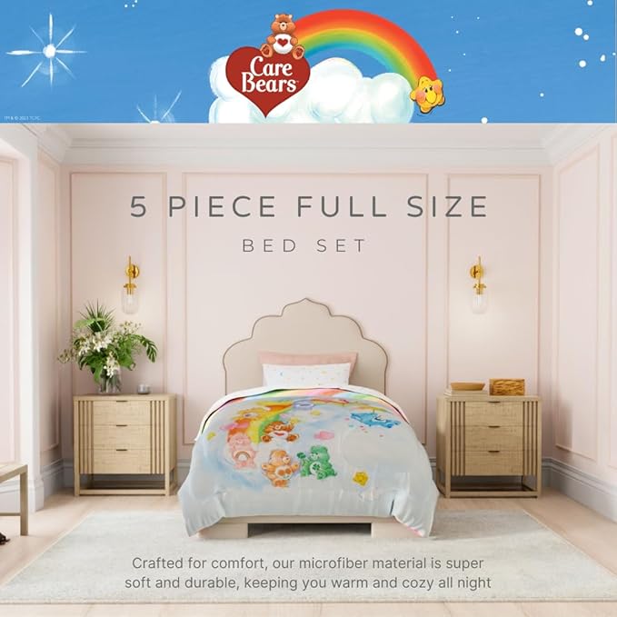 Care Bears Classic Super Soft Cozy Reversible Microfiber Comforter and Sheet Set, 5 Piece Full Size, (Official Licensed Product) by Franco Collectibles