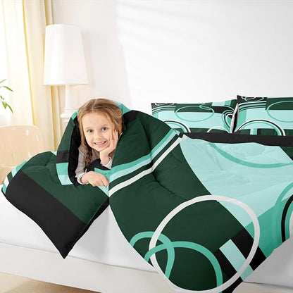 Retro Green Grey Black Comforter Twin Size Swirls Gromment Bedding Set for Kids Teens Adult Abstract Circles Rings Quilt Geometric Grid Duvet Insert Graphic Texture Quilted Comforter