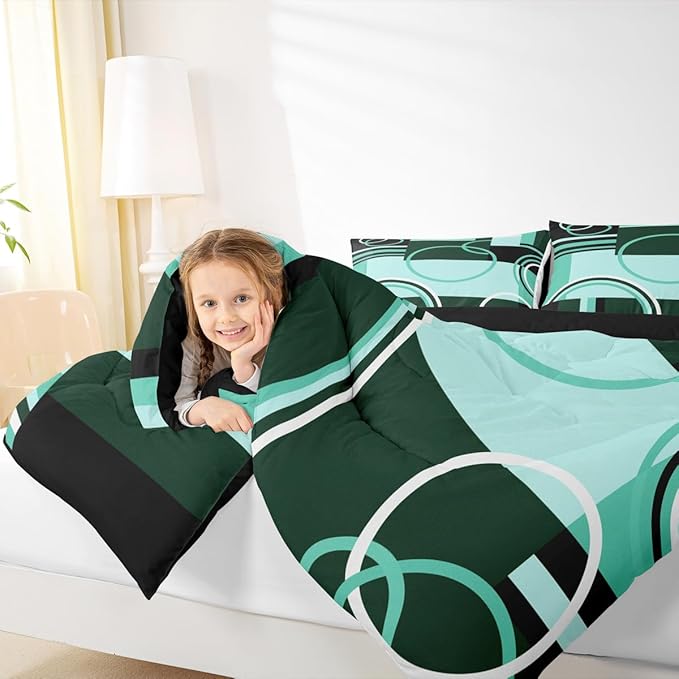 Retro Green Grey Black Comforter King Size Swirls Gromment Bedding Set for Kids Teens Adult Abstract Circles Rings Quilt Geometric Grid Duvet Insert Graphic Texture Quilted Comforter