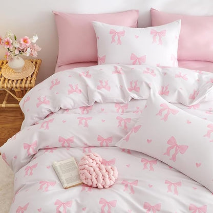 Bow Comforter Set Queen 3 Pieces Light Pink Heart Bedding Set for Girls Kids,Cute Princess Style Bedding, Super Soft Microfiber Comforter with 2 Pillowcases