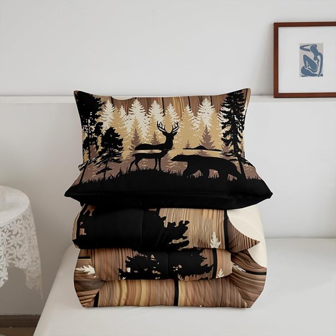 Feelyou Rustic Bear Deer Comforter Set Full Size, Wildlife Hunting Theme Quilt Set with 2 Pillowcases, Wild Animal Bedding Set 3Pcs for Kids Boys Teens Room Decor, Wooden Board Duvet Insert