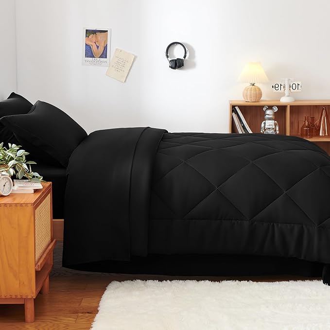 CozyLux Twin Comforter Set with Sheets Black - 5 Pieces Bed in a Bag Twin, All Season Bed Set for Girls and Boys, Bedding Set with Down Alternative Comforter, Sheets, Pillowcase & Sham