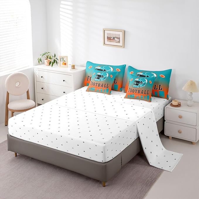 Erosebridal Football City 7 Piece Bedding Set Sports Rugby Full Comforter Set with Sheets for Kids Boys Girls Teen,American Soccer Sports Theme Bed in A Bag Unique City Silhouette Bed Set