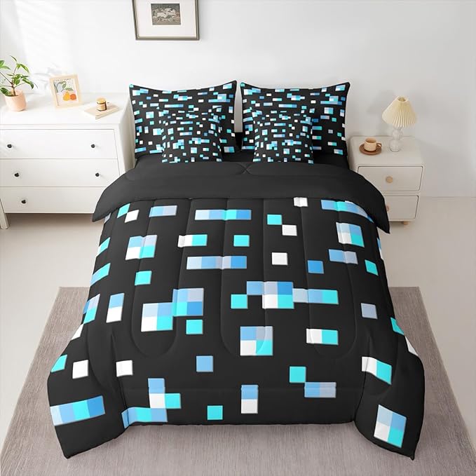 Castle Fairy Blue Miner Square 7 Piece Comforter Sets King Size,Geometric Grid All Season Reversible Bed in a Bag Pixelated Games Bedding Sets Pixel Style Flat Sheet,Fitted Sheet,Pillowcases
