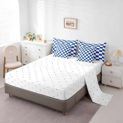 Feelyou Checkered Retro 7 Piece Bedding Set Teen Women Men Blue White Plaid Comforter Set with Sheets Queen Size Kids Boys Geometric Vintage Bed in a Bag Modern Simple Groovy Aesthetic Room Decor