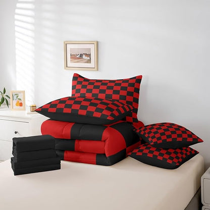 Feelyou Checkered 7 Piece Bedding Set Teen Red Black Plaid Comforter Set with Sheets Twin Size Kids Boys Cute Retro Neutral Checkerboard Geometric Bed in a Bag Vintage Aesthetic Room Decor
