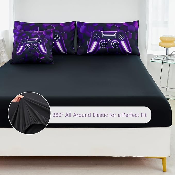 URBONUR 6 Pieces Twin Bed Set for Boys Girls E-Sports Themed 3D Game Consoled Pattern Bedding Comforter Set with Sheets for Kids Room Decor, Purple