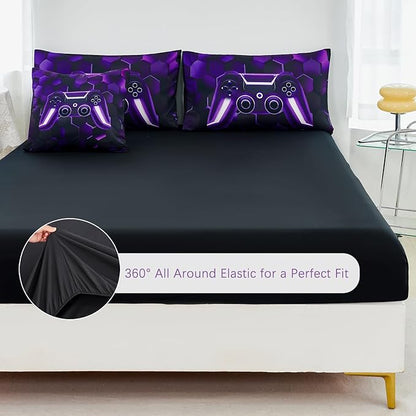 URBONUR 6 Pieces Twin Bed Set for Boys Girls E-Sports Themed 3D Game Consoled Pattern Bedding Comforter Set with Sheets for Kids Room Decor, Purple