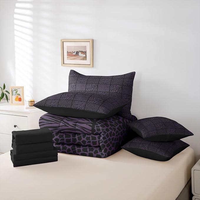 Wildlife Fur Splicing Print 7 Pcs Bedding Set Full,Purple and Black Kids Comforter Sets,Leopard Cheetah Zebra Skin Bed Sets with 1 Comforter,2 Pillowcases,2 Pillow Covers,1 Flat Sheet,1 Fitted Sheet