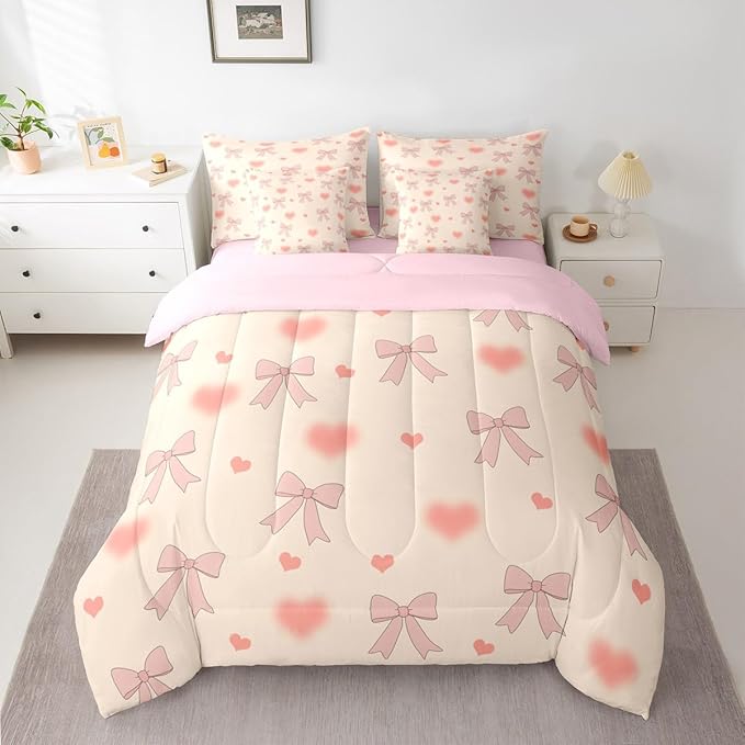 Erosebridal Bowknot Love Hearts Pink Girls King 7-Piece Comforter Set | Bow Kids Kawaii Sheets and Pillowcases Cute Ribbon Bed in A Bag Light Yellow Bed Sets