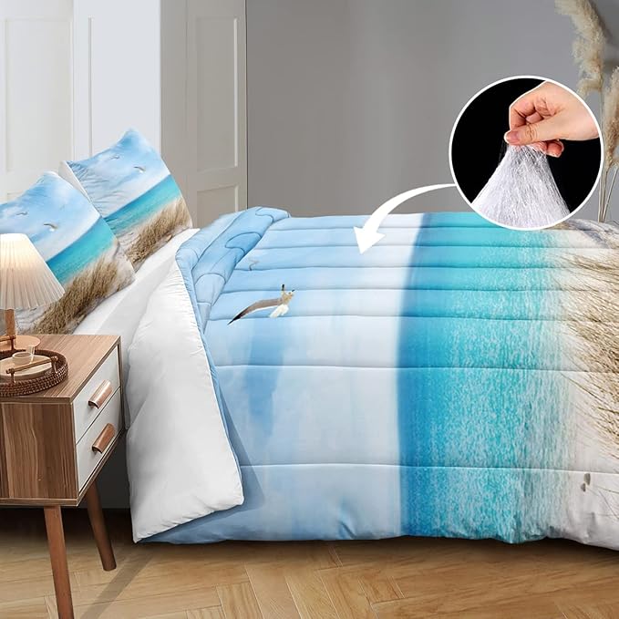 MOVE OVER Blue Ocean Comforter Set King Size Coastal Bedding Set 3 Pcs Beach Themed Comforter Set White Seagull and Seaside Rocks Seascape Ocean Bedding Sets