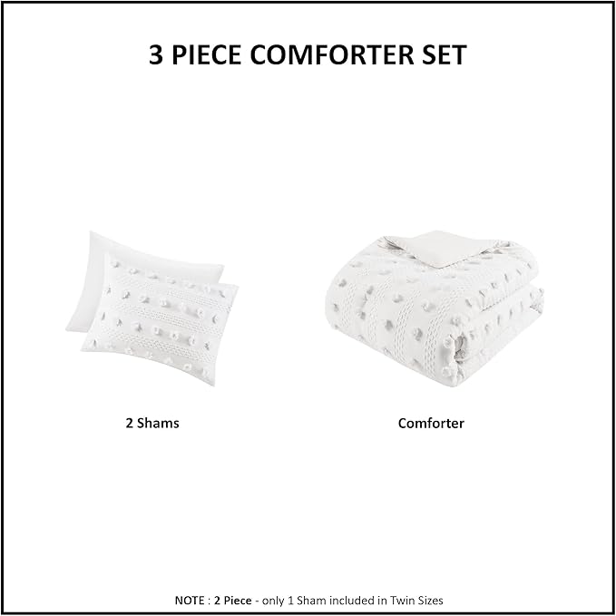 Intelligent Design Queen Comforter Set, Clipped Jacquard Comforter Set Chic Pompoms Accent, All Seasons Lightweight & Fluffy Comforter Bed Set with 2 Shams, Lucy, Full/Queen Ivory 3 Piece