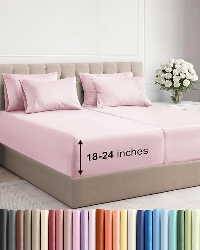 Extra Deep Split King Sheet Set - 7 Piece Breathable and Cooling Sheets - Hotel Luxury Bedding for Women, Men, Kids & Teens - Easy Secure Fit - Soft & Wrinkle Free - Extra Deep Pockets - Lavender Pink