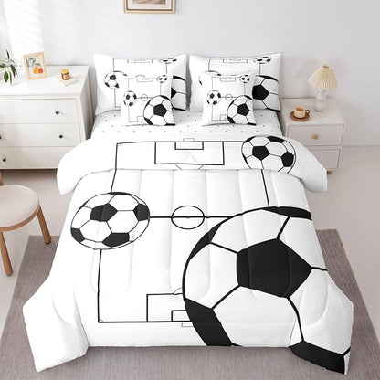 Erosebridal Sports Theme 7 Piece Bedding Set Queen Soccer Ball Comforter Set with Sheets Football Boys Games Soccer Ball Bed in a Bag Playground Pattern White for Kids Boys Girls