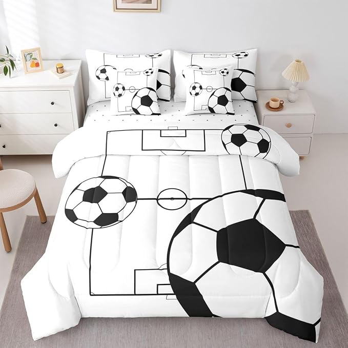 Erosebridal Sports Theme 7 Piece Bedding Set King Soccer Ball Comforter Set with Sheets Football Boys Games Soccer Ball Bed in a Bag Playground Pattern White for Kids Boys Girls