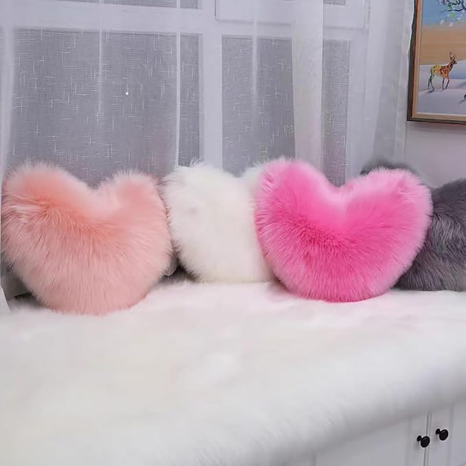HANDKEI Love Pillow, Heart-Shaped Long Plush, Pink Imitation Wool, Living Room Sofa, Cute Cushion, Bedside Cushion (Pink, 15.74 inch X 19.68 inch)