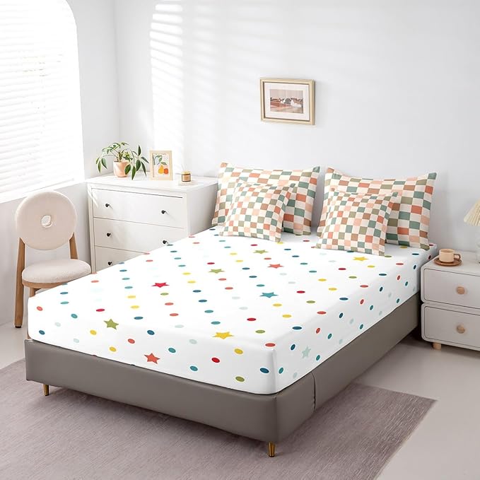 Feelyou Multicolored Checkered Retro 7 Piece Bedding Set Kids Boys Geometric Vintage Comforter Set with Sheets Full Size Ivory White Colorful Bed in a Bag Modern Simple Groovy Aesthetic Room Decor