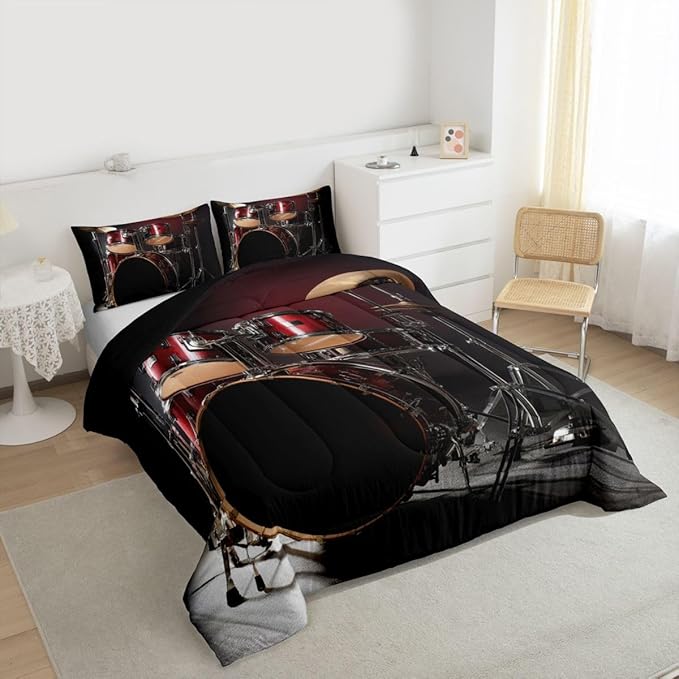 Erosebridal Drum Kit Comforter Set Full Size Rock Music Theme Duvet Set for Kids Boys Girls Teens Musical Instrument Bedding Set Red Black Drum Kit Hip Hop Quilt Set for Decor Gift