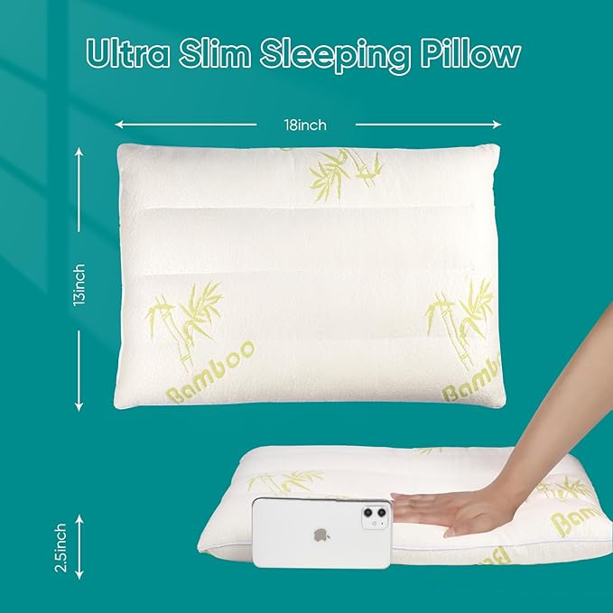 MINUPWELL Ultra Flat Small Pillow for Sleeping, 18x13 in Small Pillow for Travel 7D High Support 2.5 inch Height Ultra Thin Mini Pillows - Rayon Derived from Bamboo