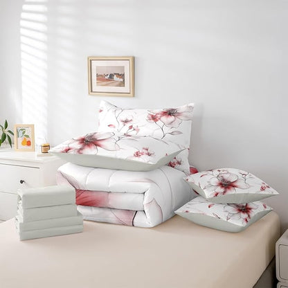 Erosebridal Bohemian Flower Twin 7 Pcs Bedding Set, Red Floral Comforter Set with Sheets for Women Adults Girls, Chic Watercolor Flower Boho Bed Sets, Ink Painting Style Blossom & Leaf Bed in A Bag