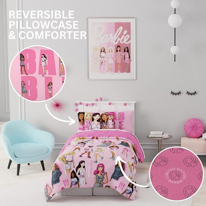 Franco Barbie Barbiecore Bedding Super Soft Comforter and Sheet Set with Sham, 5 Piece Twin Size, College Dorm Essentials (Official Licensed Product)