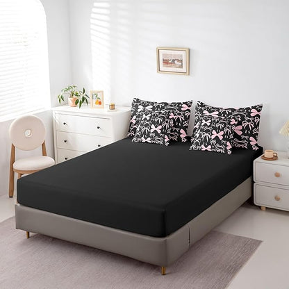 Feelyou Bow Bedding Set for All Season Boys Girls Twin Size Black Pink Girls Bow 7 Pieces Comforter Sets Women Men Cute Bowknot Bed in a Bag with Comforter, Sheets, Pillowcases & Cushion Cover