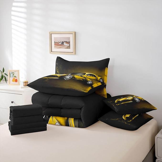 Feelyou Sports Car 7 Piece Bedding Set Yellow Race Car Comforter Set with Sheets for Kids Boys Girls Extreme Sports Bed in a Bag Cool Speed Luxury Car Decor Quilt with 2 Pillowcases Queen
