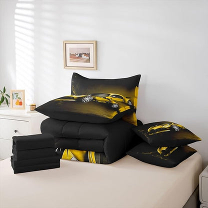 Feelyou Sports Car 7 Piece Bedding Set Yellow Race Car Comforter Set with Sheets for Kids Boys Girls Extreme Sports Bed in a Bag Cool Speed Luxury Car Decor Quilt with 2 Pillowcases Queen